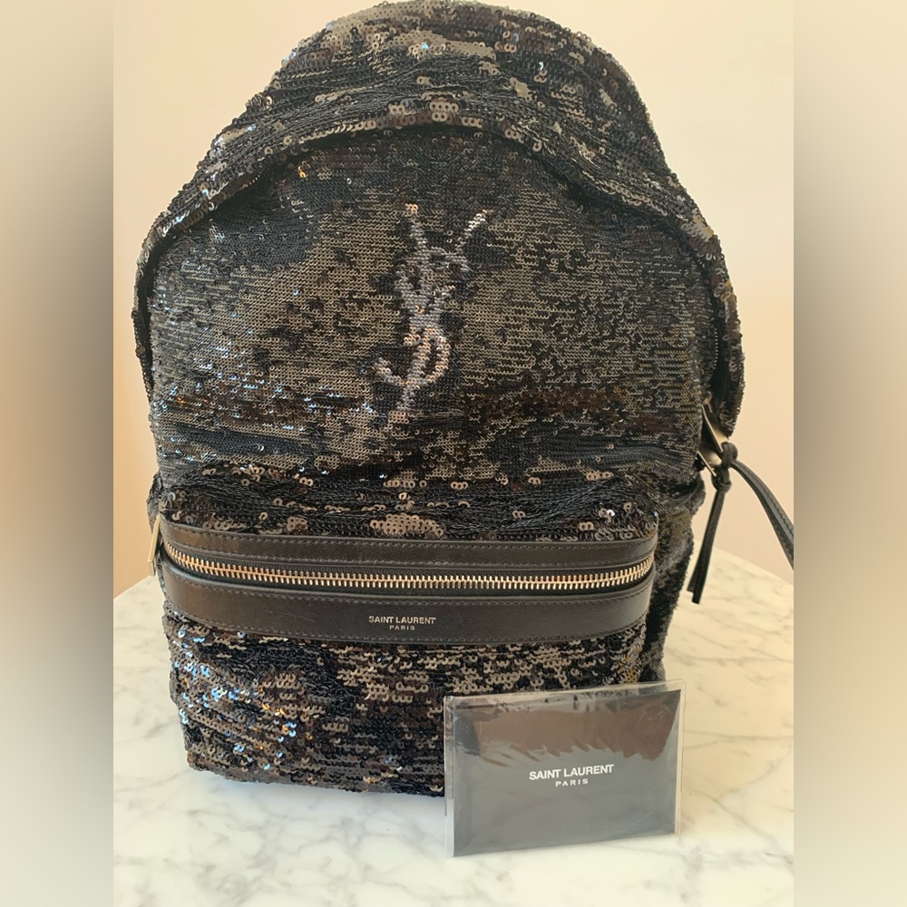 Brand new Saint Laurent YSL CLASSIC CITY SEQUIN BACKPACK IN NERO-ARGENTO.